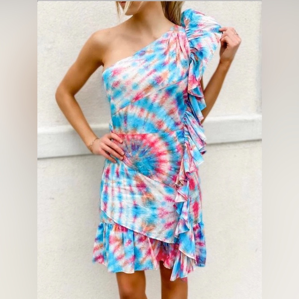 Alla Berman Leila One-Shoulder Tie-Dye Ruffle Dress
